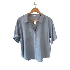 Staccato Women's Blue Linen Blend Button Front Roll Tab Sleeve Shirt Medium